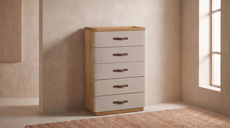 KAWOLA Highboard FLORIANA 5 Schubladen Eiche natur / weiß