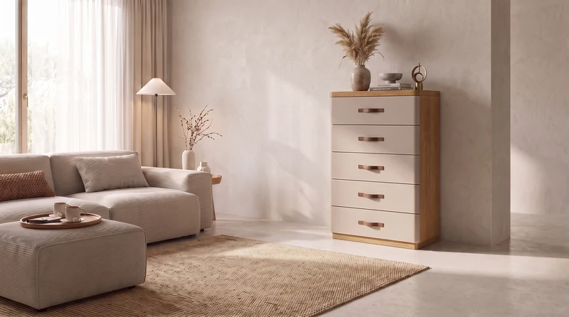 KAWOLA Highboard FLORIANA 5 Schubladen Eiche natur / weiß