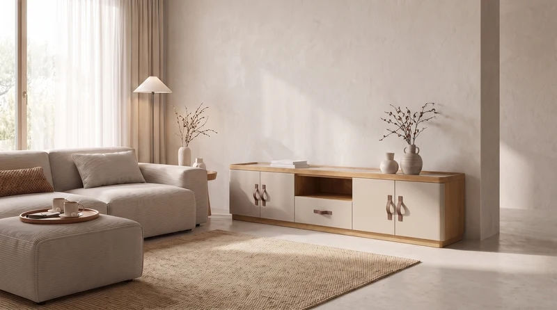 KAWOLA Lowboard FLORIANA TV-Board 4 Türen 1 Schubladen Eiche natur / weiß