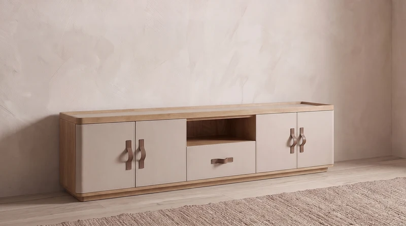 KAWOLA Lowboard FLORIANA TV-Board 4 Türen 1 Schubladen Eiche natur / weiß