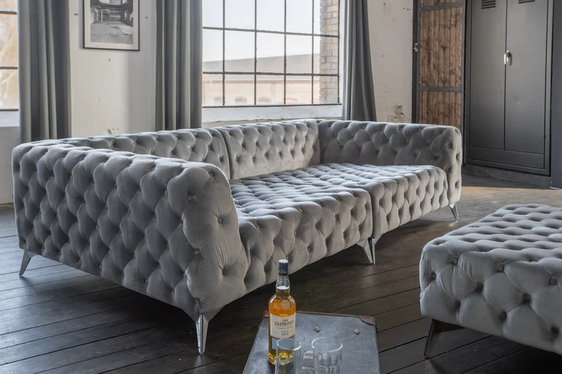 KAWOLA Big Sofa NARLA Chesterfield Sofa Velvet silber