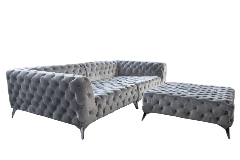 KAWOLA Set Big Sofa und Polsterhocker NARLA Chesterfield Velvet silber