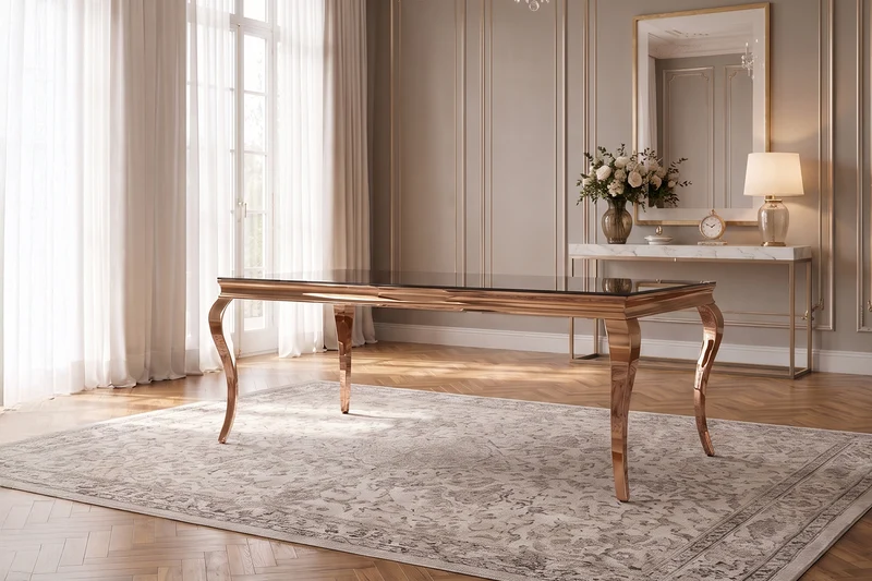 KAWOLA Esstisch AMARA Barock Glas Gestell Edelstahl rosé gold 200x100cm