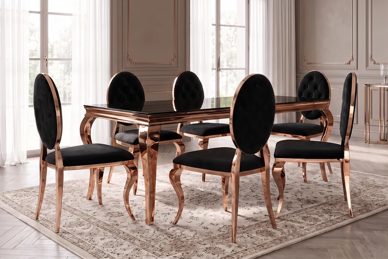 KAWOLA Esstisch AMARA Barock Glas Gestell Edelstahl rosé gold 200x100cm