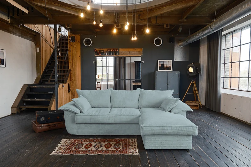KAWOLA Sofa DAMETO Ecksofa Bettsofa Schlafsofa mit Stauraum Cord hellblau