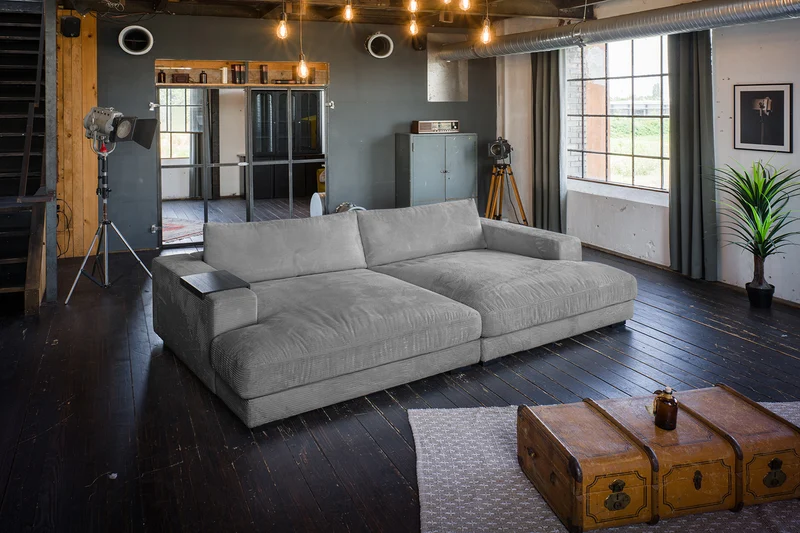 KAWOLA Big Sofa MADELINE Cord grau mit Hocker und 4 Zierkissen