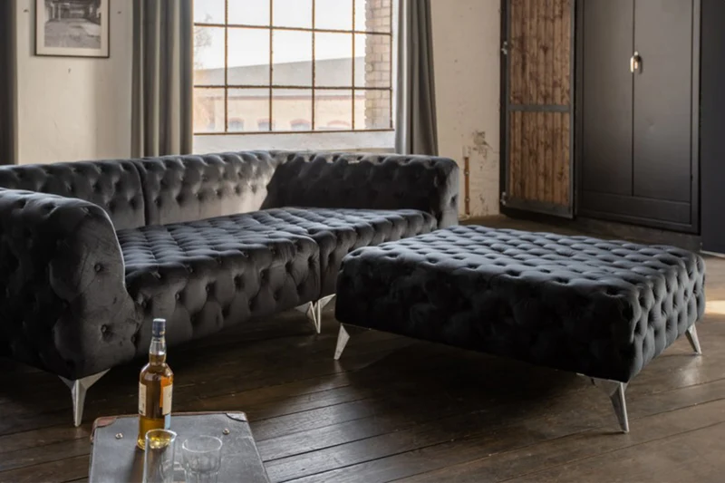 B-Ware KAWOLA Hocker NARLA Chesterfield Velvet schwarz