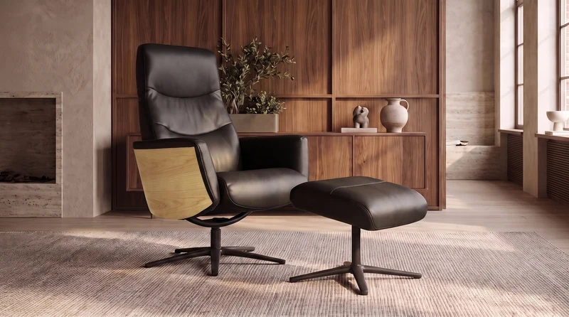 KAWOLA Relaxsessel VANITAS Drehsessel Leder schwarz mit Hocker