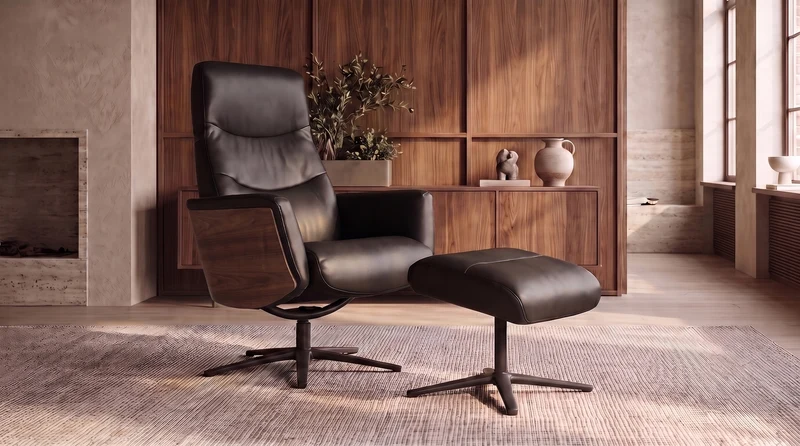 KAWOLA Relaxsessel VANITAS Drehsessel Leder schwarz mit Hocker