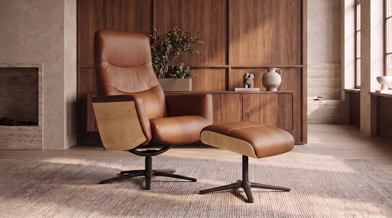 KAWOLA Relaxsessel VANITAS Drehsessel Leder braun mit Hocker