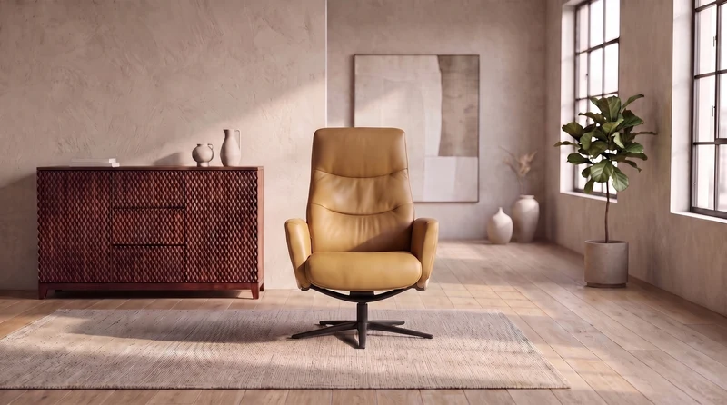 KAWOLA Relaxsessel VANITAS Drehsessel Leder cognac mit Hocker