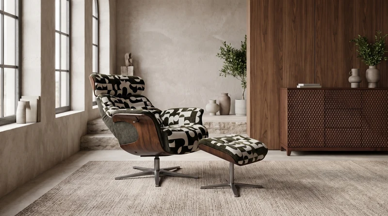 KAWOLA Sessel TOSAR Relaxsessel drehbar Stoff Retro-Design grün mit Hocker