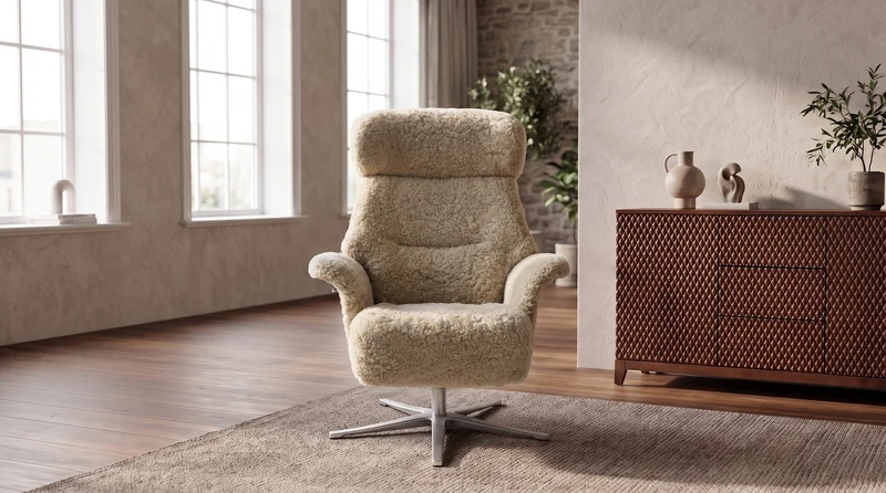 KAWOLA Sessel TOSAR Relaxsessel drehbar Schaffell beige mit Hocker