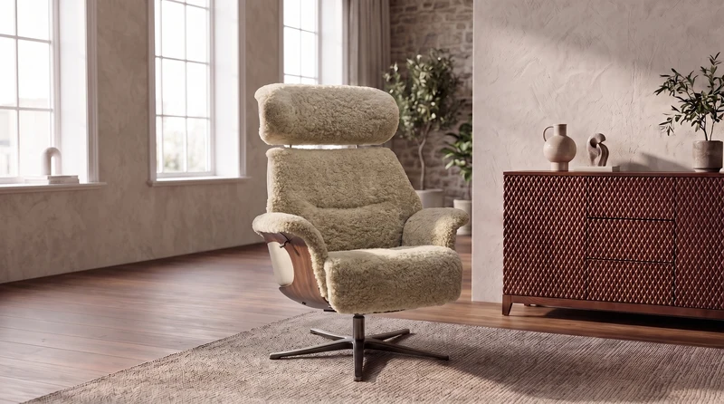 KAWOLA Sessel TOSAR Relaxsessel drehbar Schaffell beige mit Hocker