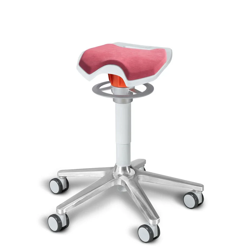 KÖHL ONGO Roll Sattel | Polster Stoff | Weiss Alu | ergonomischer Sitzhocker | Arbeitshocker | Sattelhocker
