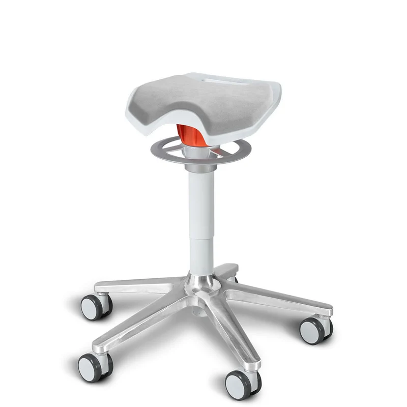 KÖHL ONGO Roll Sattel | Polster Stoff | Weiss Alu | ergonomischer Sitzhocker | Arbeitshocker | Sattelhocker