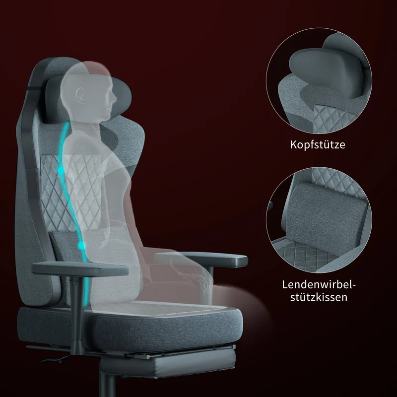 Ergonomischer Gaming Stuhl mit Fußstütze, Kopfstütze und Armlehne