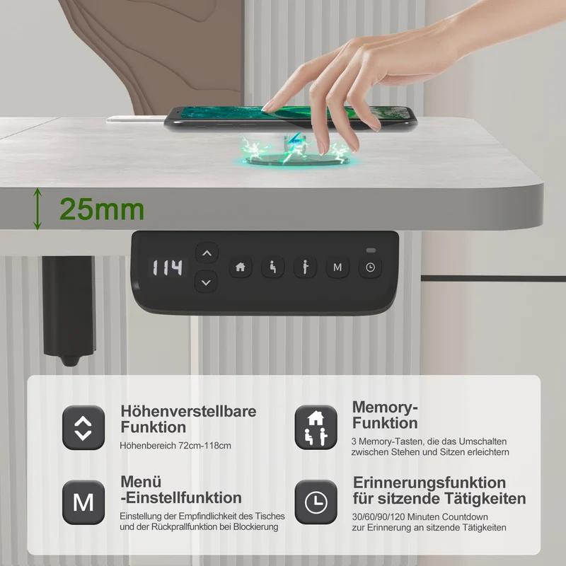 S2 Elektrisch höhenverstellbarer Schreibtisch mit Steckdosenleiste und kabellosem Laden