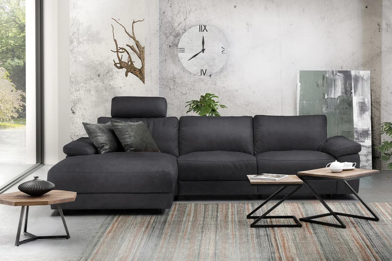 KAWOLA Sofa LOLA Ecksofa Stoff schwarz mit motorischer Relaxfunktion