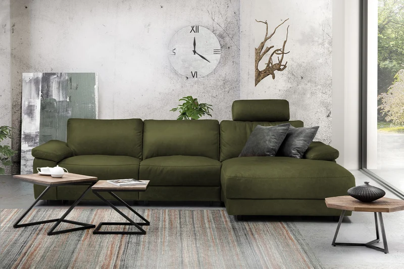 KAWOLA Sofa LOLA Ecksofa Stoff moosgrün mit motorischer Relaxfunktion