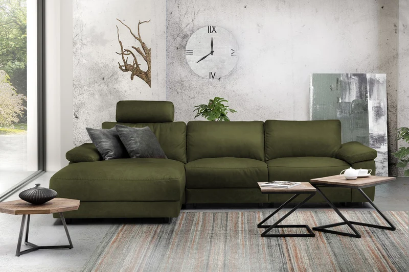 KAWOLA Sofa LOLA Ecksofa Stoff moosgrün mit motorischer Relaxfunktion