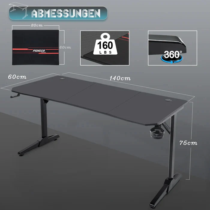 Gaming Tisch mit Getränkehalter 140/160/180 cm