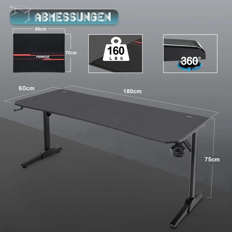 Gaming Tisch mit Getränkehalter 140/160/180 cm