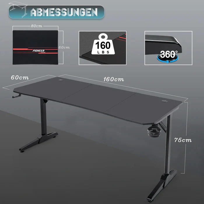 Gaming Tisch mit Getränkehalter 140/160/180 cm