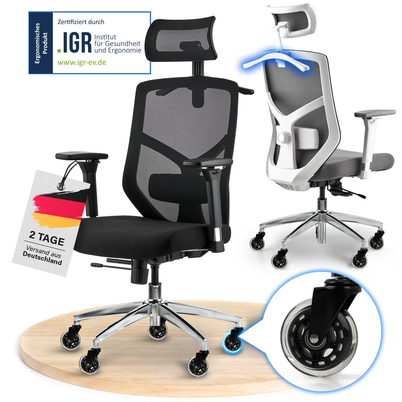 Ergonomischer Bürostuhl mit 4D Armlehnen, FineMesh & Silent Wheels