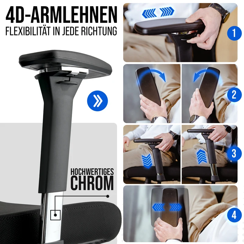 Ergonomischer Bürostuhl mit 4D Armlehnen, FineMesh & Silent Wheels
