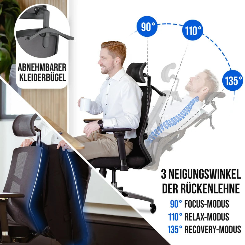 Ergonomischer Bürostuhl mit 4D Armlehnen, FineMesh & Silent Wheels