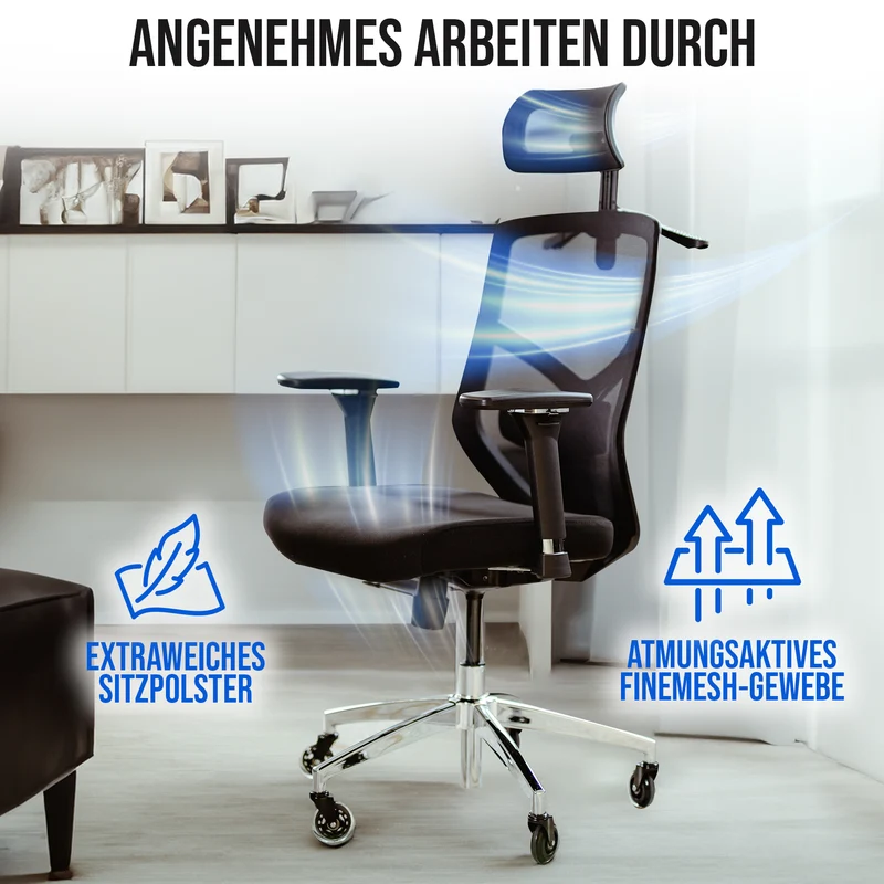 Ergonomischer Bürostuhl mit 4D Armlehnen, FineMesh & Silent Wheels