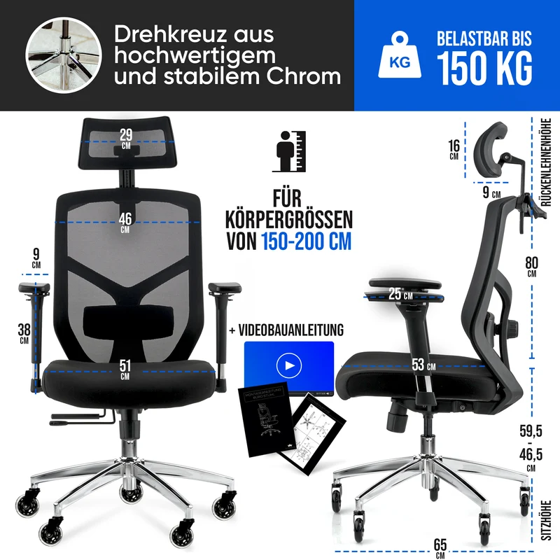 Ergonomischer Bürostuhl mit 4D Armlehnen, FineMesh & Silent Wheels