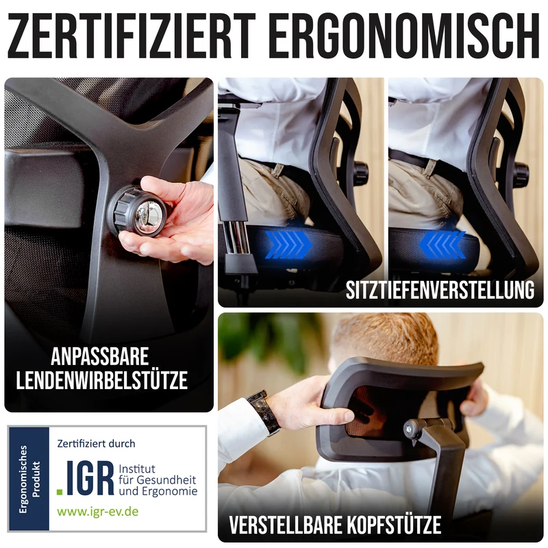Ergonomischer Bürostuhl mit 4D Armlehnen, FineMesh & Silent Wheels