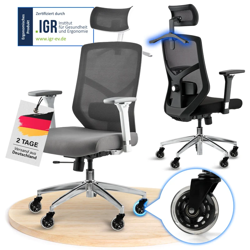Ergonomischer Bürostuhl mit 4D Armlehnen, FineMesh & Silent Wheels