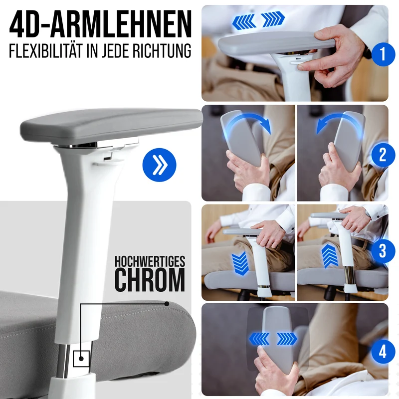 Ergonomischer Bürostuhl mit 4D Armlehnen, FineMesh & Silent Wheels