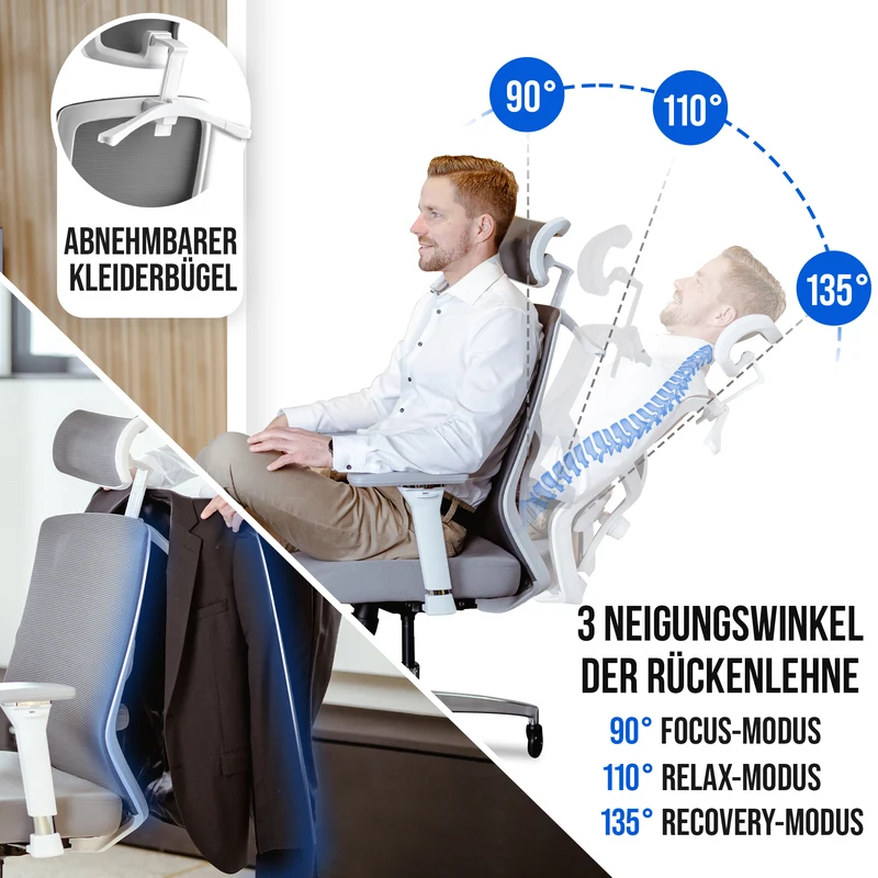 Ergonomischer Bürostuhl mit 4D Armlehnen, FineMesh & Silent Wheels