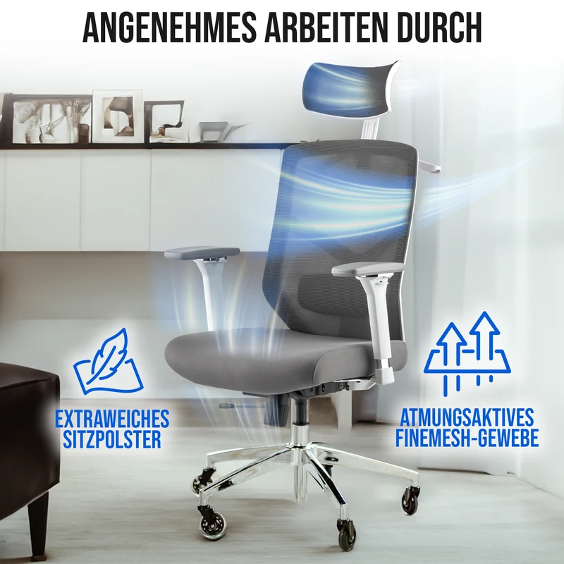 Ergonomischer Bürostuhl mit 4D Armlehnen, FineMesh & Silent Wheels
