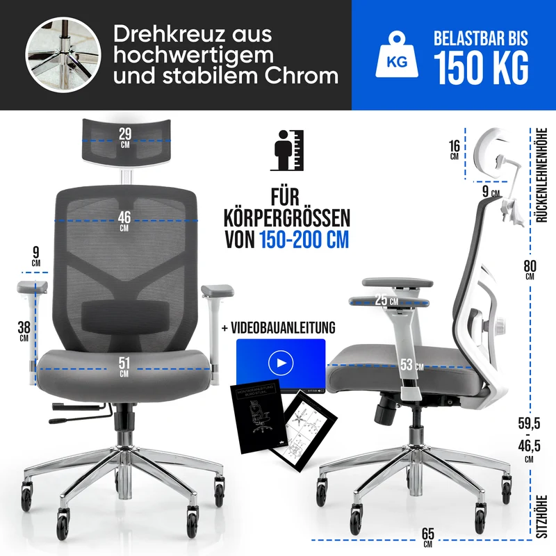 Ergonomischer Bürostuhl mit 4D Armlehnen, FineMesh & Silent Wheels