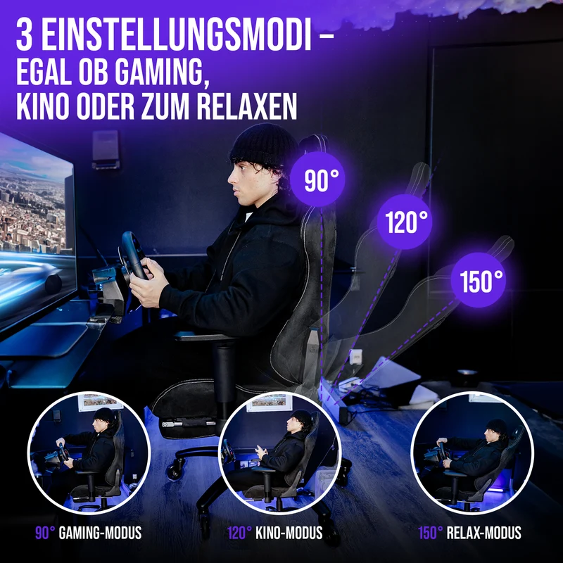 Ergonomischer Gamingstuhl mit Mikrofaser-Velour, 4D Armlehnen & Fußstütze