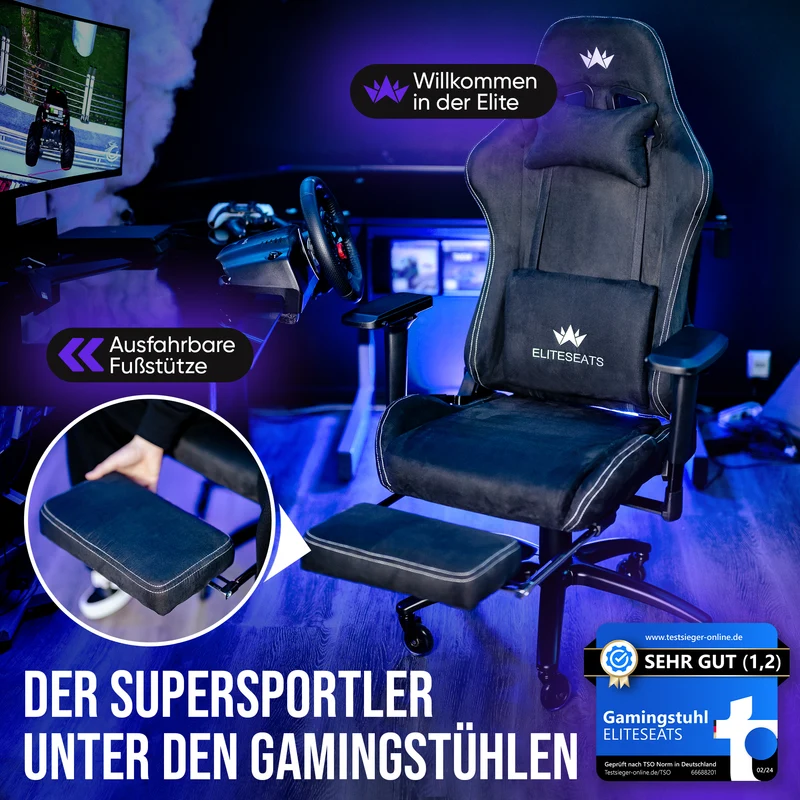 Ergonomischer Gamingstuhl mit Mikrofaser-Velour, 4D Armlehnen & Fußstütze