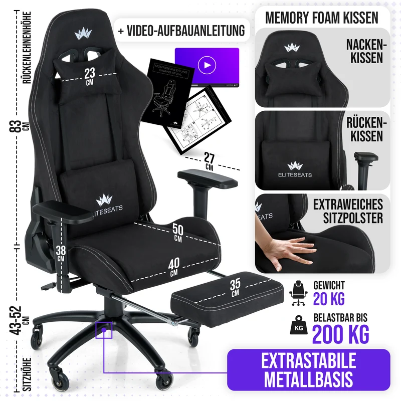 Ergonomischer Gamingstuhl mit Mikrofaser-Velour, 4D Armlehnen & Fußstütze