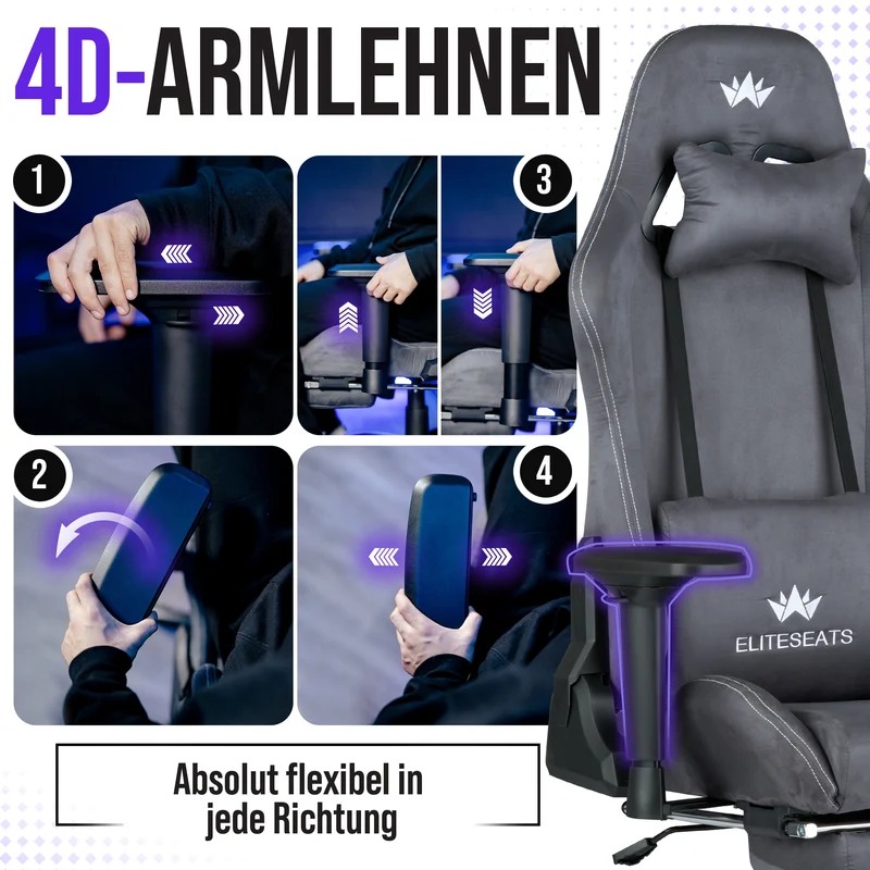 Ergonomischer Gamingstuhl mit Mikrofaser-Velour, 4D Armlehnen & Fußstütze