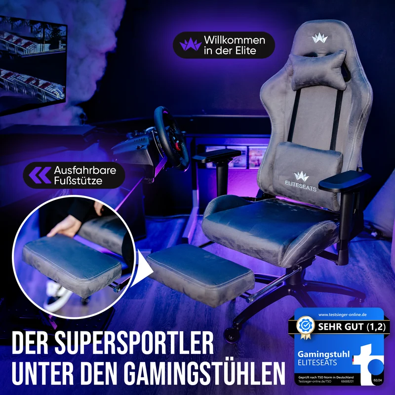 Ergonomischer Gamingstuhl mit Mikrofaser-Velour, 4D Armlehnen & Fußstütze