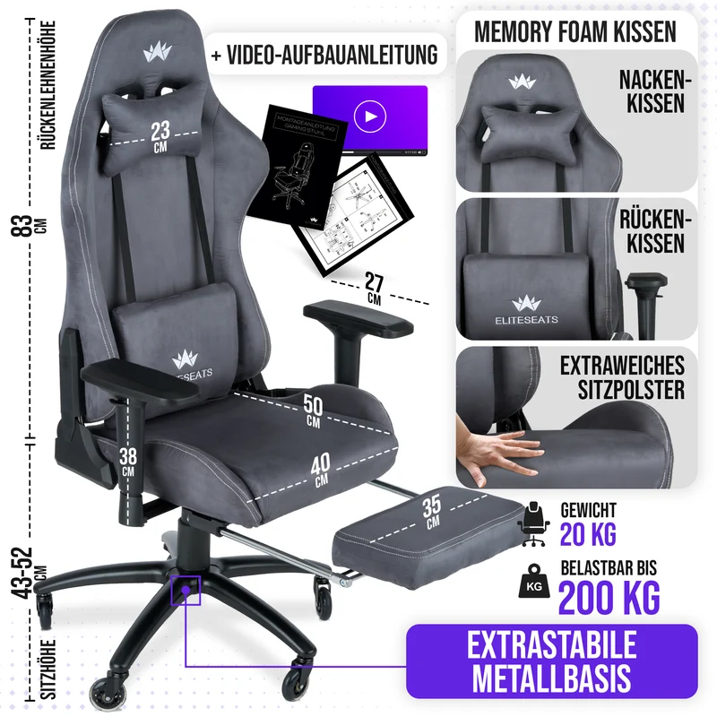 Ergonomischer Gamingstuhl mit Mikrofaser-Velour, 4D Armlehnen & Fußstütze