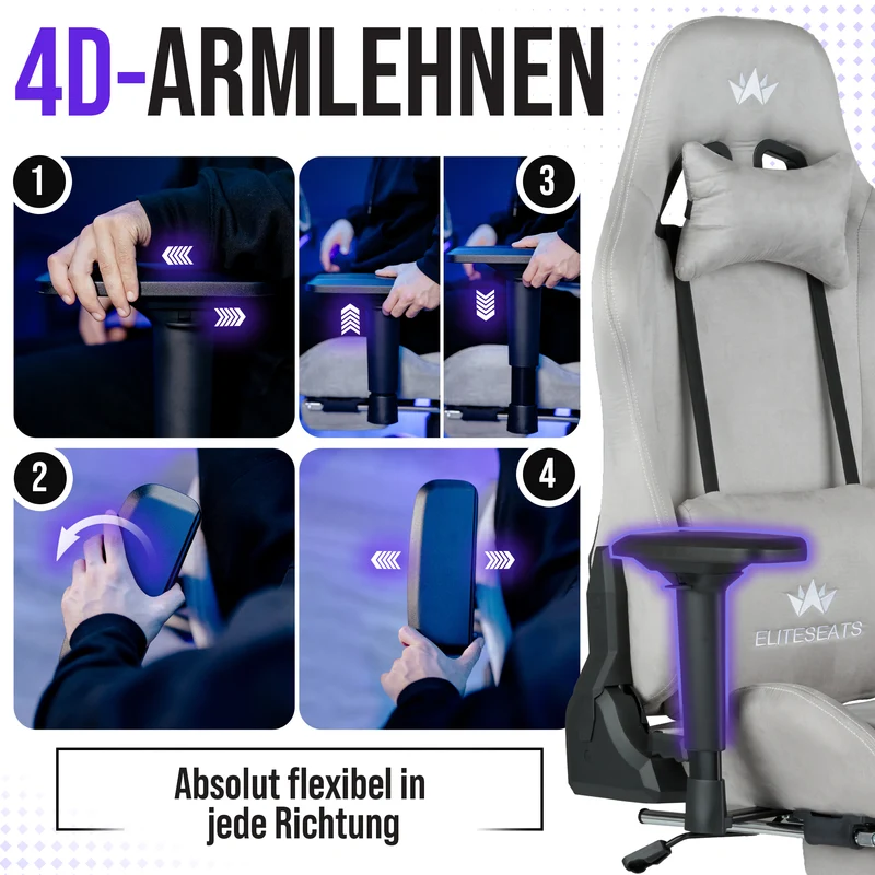 Ergonomischer Gamingstuhl mit Mikrofaser-Velour, 4D Armlehnen & Fußstütze