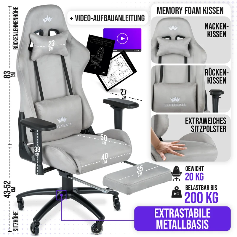 Ergonomischer Gamingstuhl mit Mikrofaser-Velour, 4D Armlehnen & Fußstütze
