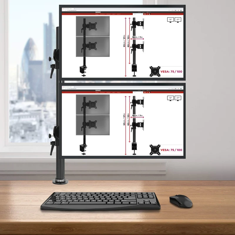 Duronic DM35V2X2 Monitorarm | Vertikale Monitor Halterung 2 Bildschirme bis 27" Zoll | LCD LED Display Ständer bis 8 kg | Höhenverstellbar | Neigbar -15° bis +15° | Drehbar 360° | Monitorhalterung Arm