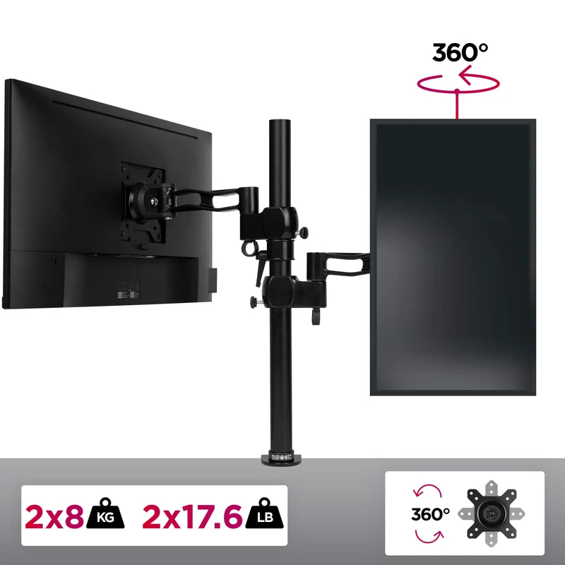 Duronic DM35V2X2 Monitorarm | Vertikale Monitor Halterung 2 Bildschirme bis 27" Zoll | LCD LED Display Ständer bis 8 kg | Höhenverstellbar | Neigbar -15° bis +15° | Drehbar 360° | Monitorhalterung Arm
