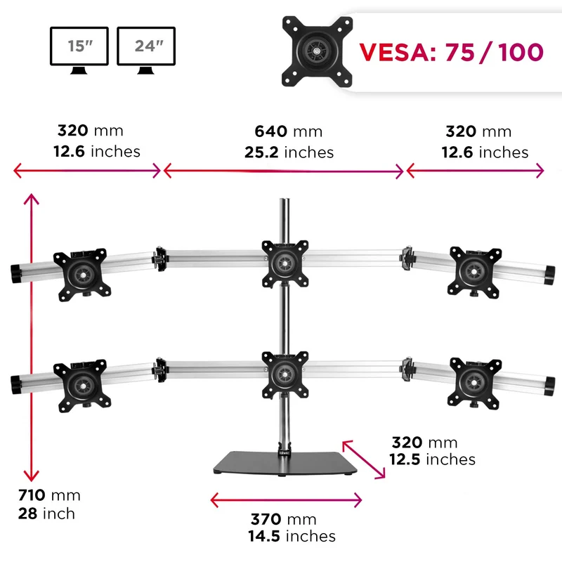 Duronic DM756 Monitorhalterung | Monitorständer für 6 Monitore bis 24 Zoll | VESA 75/100 | Belastbarkeit 5kg | Höhenverstellbar | Vertikal und horizontal Neigbar (-)15° | Drehbar 360° | 30° Winkel